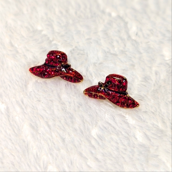 Vintage 1990's Red Hat Society Rhinestone Pierced Earrings - Picture 8 of 9
